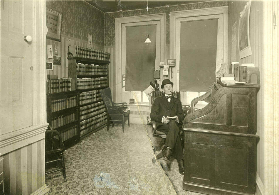 Judge F.P. Secor at the Emerson and Buckingham Building, 321 Main Street, 1917